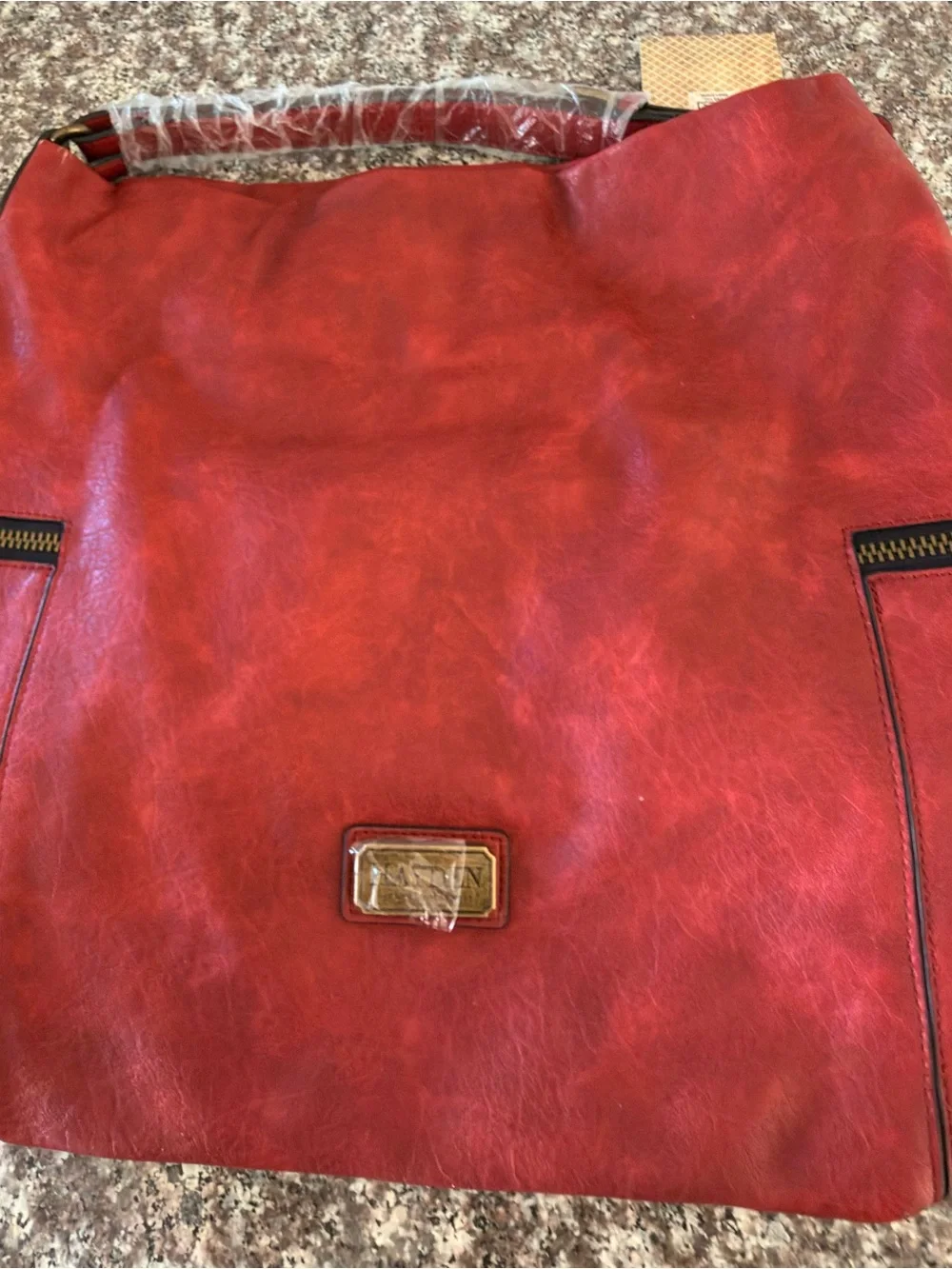 Hayden Red Faux Leather Hobo with Brass Accent